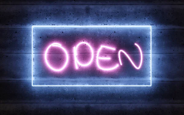 Neon light open letters sign night club store opening hours concept 3d render illustration — Stok Foto