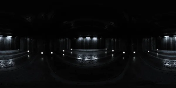 360 μοίρες πλήρες πανόραμα περιβάλλον χάρτη του σκούρο βιομηχανικό υπόγειο σκυρόδεμα με φώτα spot 3d καθιστούν εικονογράφηση hdri hdr vr περιεχόμενο εικονικής πραγματικότητας — Φωτογραφία Αρχείου