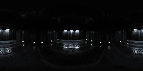 360 derece tam panorama çevre haritası karanlık endüstriyel beton bodrum spot ışıkları 3D görüntü hdri hdr vr sanal gerçeklik içeriği