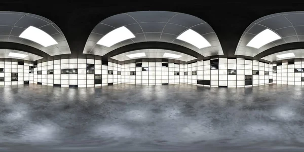 360 Grad Vollpanorama-Umgebungskarte der leeren Halle mit Fliesenmuster Wände glänzender Betonboden 3D-Renderillustration hdri hdr vr Virtual Reality — Stockfoto