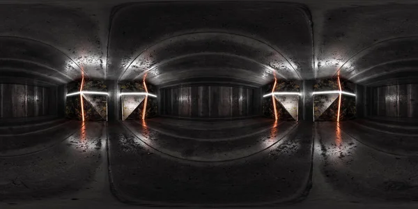 360 μοιρών πλήρες πανόραμα του κενού σκούρο μέταλλο και σκυρόδεμα υπόγειο 3d καθιστούν εικόνα hdri hdr vr εικονική πραγματικότητα — Φωτογραφία Αρχείου
