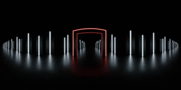 360 graden volledige panorama van donkere futuristische omgeving met laser led-verlichting en rode poort 3d maken illustratie hdri hdr vr virtual reality content — Stockfoto