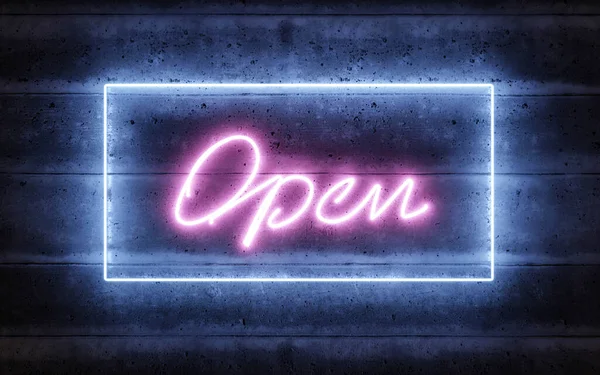 Neon sign with the word open written in hand written letters on a concrete wall 3d render illustration — Stock Photo, Image