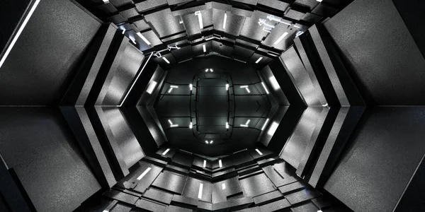 Σκοτεινή φουτουριστική τεχνολογία διαστημικός σταθμός πλοίο sci-fi σύγχρονη βιομηχανία εργαστήριο διάδρομο σήραγγα εσωτερικό 3d καθιστούν εικονογράφηση — Φωτογραφία Αρχείου