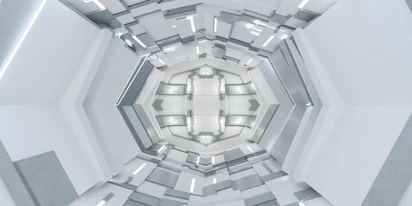 Fényes futurisztikus technológia űrállomás hajó sci-fi modern ipar labor folyosó alagút belső 3d render illusztráció — Stock Fotó