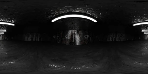 360 μοίρες πλήρες πανόραμα περιβάλλον χάρτη της βιομηχανικής αίθουσας χάλυβα υπόγειο υπόστεγο με φθαρμένο σκουριασμένο μέταλλο και σκυρόδεμα πάτωμα 3d καθιστούν εικόνα hdri hdr vr περιεχόμενο εικονικής πραγματικότητας — Φωτογραφία Αρχείου