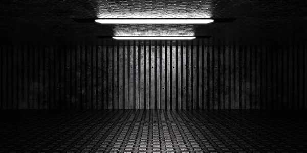 Промышленный стальной сарай подвал с изношенным ржавым металлом и стальной плиткой пол 3d рендеринг иллюстрации — стоковое фото