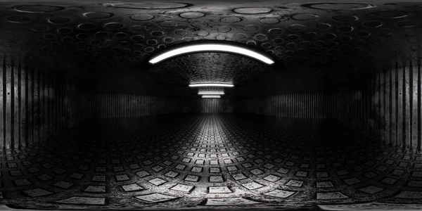 360 μοίρες πλήρες πανόραμα περιβάλλον χάρτη της βιομηχανικής αίθουσας χάλυβα υπόστεγο υπόγειο με φθαρμένο σκουριασμένο μέταλλο και χάλυβα πλακιδίων δαπέδου 3d καθιστούν εικόνα hdri hdr vr εικονική πραγματικότητα — Φωτογραφία Αρχείου