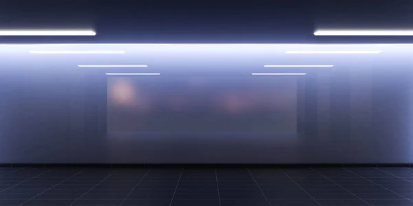 Σκούρο βράδυ άδειο πατάρι στούντιο γραφείο δωμάτιο γυάλινο τοίχο με αντανακλάσεις 3d καθιστούν εικονογράφηση — Φωτογραφία Αρχείου