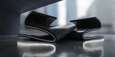 Beton şehir arka planında fütüristik ışıklandırması olan soyut beton geometrik nesneler 3D çizim