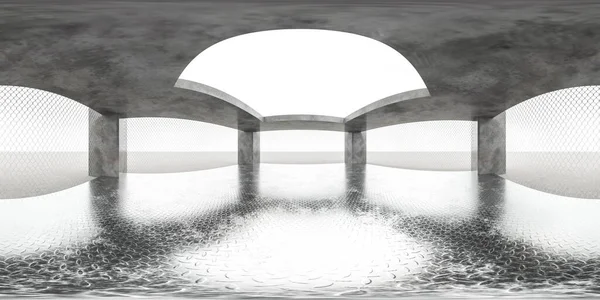 360 graders fuld panorama miljø kort over abstrakt åben beton industriel bygning med metal hegn og gulv 3d gøre illustration hdri hdr vr virtual reality - Stock-foto