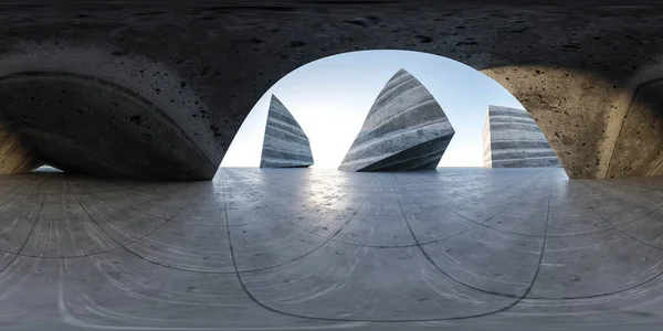 360 degrés panorama complet environnement carte du bâtiment abstrait futuriste en béton extérieur avec lumière du jour 3d rendre illustration hdri hdr vr réalité virtuelle — Photo