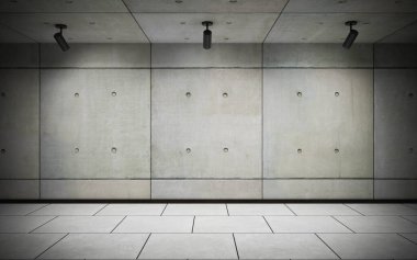 Endüstriyel duvar stüdyosu arka planında spot ışıkları ve 3D resim çizimi var