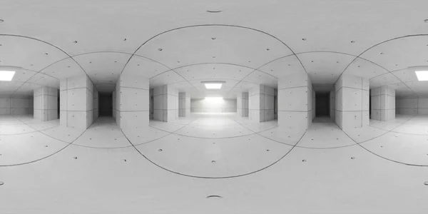 360 μοιρών πλήρες πανόραμα περιβάλλον χάρτη του λευκού σύγχρονου σκυροδέματος υπόγειο υπόγεια αίθουσα με φωτισμό ημέρα 3d καθιστούν εικονογράφηση hdri hdr vr εικονική πραγματικότητα — Φωτογραφία Αρχείου