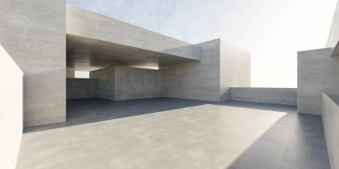Gökyüzü ve güneş ışığı 3D resimli beton dış mimari yapı ortamı