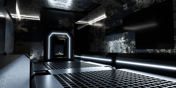 Oscuro corredor futurista túnel estación espacial pasillo sótano subsuelo 3d renderizado ilustración — Foto de Stock