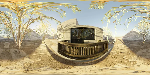 360 grados panorama completo mapa del entorno del edificio moderno conrete con balcón de madera y sol brillante brillo 3d render ilustración hdri hdr vr realidad virtual — Foto de Stock