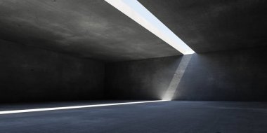 Gökyüzü ve gündüz aydınlatma 3D resimleme ile boş beton bodrum iç