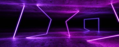 boş fütürist neon ışıklı koyu beton bodrum 3D çizim