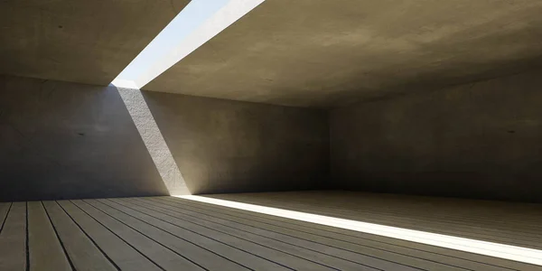 Άδειο υπόγειο σκυρόδεμα εσωτερικό με φωτισμό ουρανό και ημέρα και ξύλο σανίδα πάτωμα 3d καθιστούν εικονογράφηση — Φωτογραφία Αρχείου