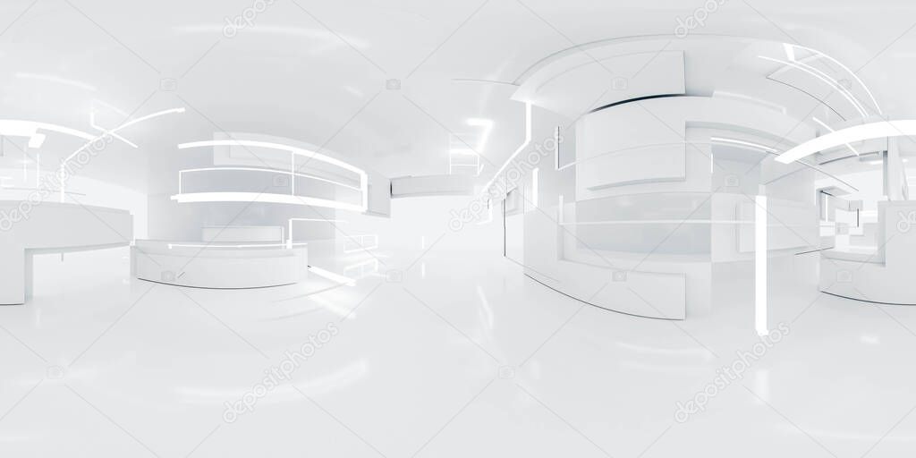 360 degree full panorama environment map of white minimalistic technology lights background abstract 3d render illustration hdri hdr vr virtual reality