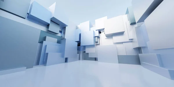 Μπλε και λευκό μέταλλο κύβους αφηρημένη γεωμετρικό σχήμα κτίριο εξωτερικό 3d καθιστούν εικονογράφηση — Φωτογραφία Αρχείου