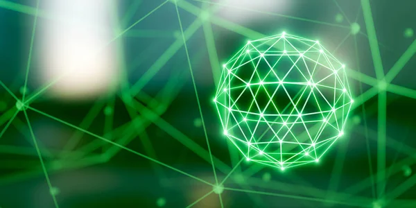 Зеленый светящийся шар wireframe сетка с соединениями 3D рендеринга — стоковое фото