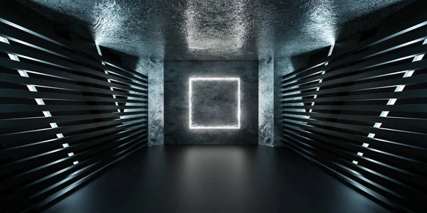 Άδειο φουτουριστικό σκούρο μαύρο μεταλλικό υπόγειο με τετράγωνο φως 3d καθιστούν εικονογράφηση — Φωτογραφία Αρχείου
