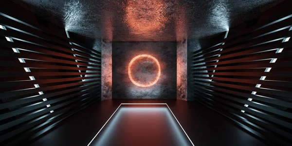 Άδειο φουτουριστικό σκούρο μαύρο μεταλλικό υπόγειο με πορτοκαλί κύκλο νέον φως 3d καθιστούν εικονογράφηση — Φωτογραφία Αρχείου