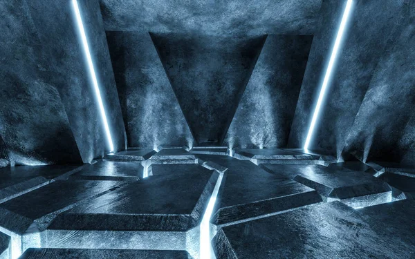 Μεταλλική φαντασία φουτουριστικό υπόγειο αίθουσα με μπλε φως 3d καθιστούν εικονογράφηση — Φωτογραφία Αρχείου