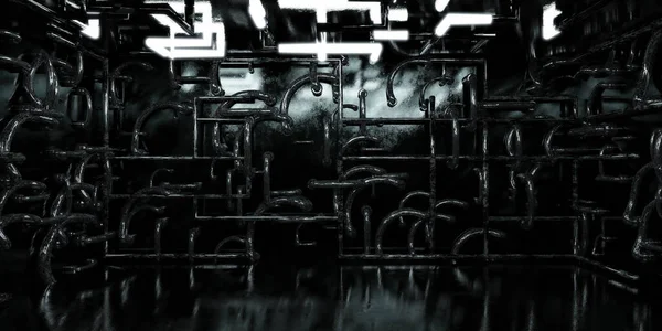 Futuristischer dunkler Industrial Grunge Keller mit Rohren und leuchtendem Licht 3D-Renderillustration — Stockfoto