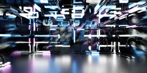 Φουτουριστικό σκούρο βιομηχανικό grunge υπόγειο με σωλήνες και λαμπερό μπλε και βιολετί νέον φως 3d καθιστούν εικονογράφηση — Φωτογραφία Αρχείου