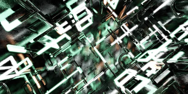 Φουτουριστικό σκούρο βιομηχανικό grunge υπόγειο με σωλήνες και λαμπερό πράσινο και πορτοκαλί νέον φως 3d καθιστούν εικονογράφηση — Φωτογραφία Αρχείου