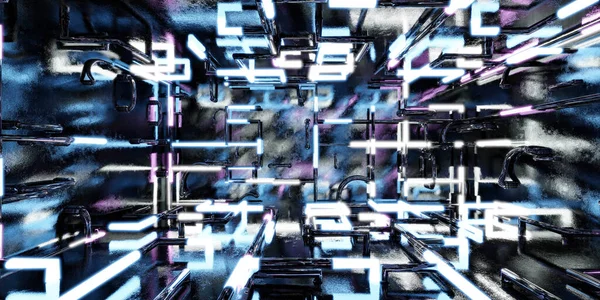 Futurystyczny ciemny przemysłowy grunge tło z rur i świecące niebieski i fioletowy neon światło 3d renderowania ilustracja — Zdjęcie stockowe