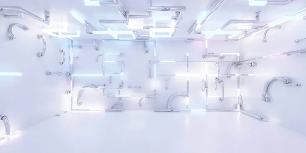 Futurisztikus fényes ipari laboratóriumi laboratóriumi háttér csövek és világító kék és lila neon fény. 3d rendezés illusztráció — Stock Fotó