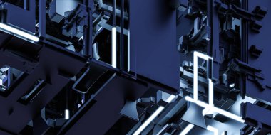 koyu siyah lazer ışık kübü geometrik şekil yüzey 3D çizim