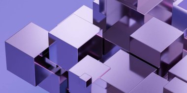 Rastgele mavi ve menekşe metalik soyut geometrik küp blokları 3d görüntüleme