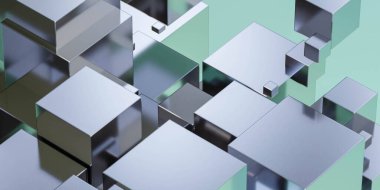 Rastgele yeşil metalik soyut geometrik küp blokları 3d görüntüleme