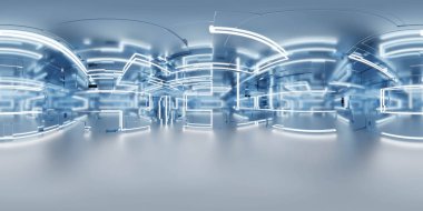 360 degree full panorama environment map of blue metallic studio futuristic light interior with metallic reflections 3d render illustration hdri hdr vr virtual reality