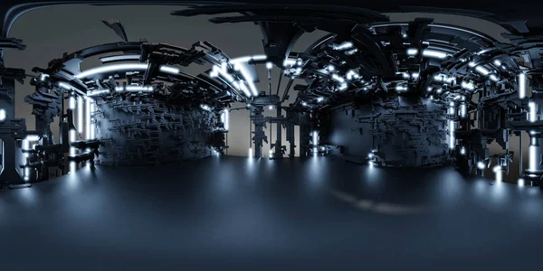 360 degree full panorama environment map of dark modern futuristic technology wasteland building interior 3d render illustration hdri hdr vr virtual reality — Φωτογραφία Αρχείου