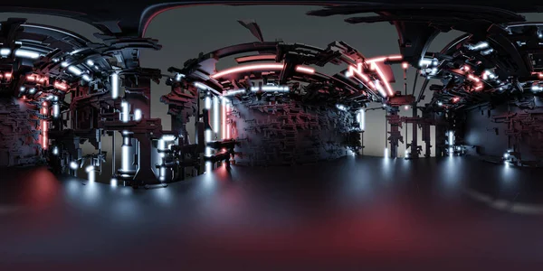 360 μοίρες πλήρες πανόραμα περιβάλλον χάρτη της σκοτεινής σύγχρονης φουτουριστικής τεχνολογίας wasteland κτίριο εσωτερικό 3d καθιστούν απεικόνιση hdri hdr vr εικονική πραγματικότητα — Φωτογραφία Αρχείου