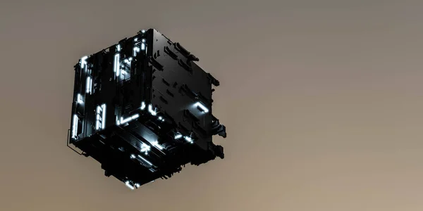 Flying black dark laser light cube geometric shape surface 3d render illustration — Stock fotografie