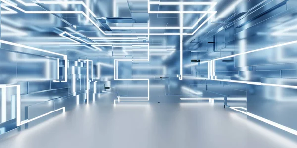 Blue studio futuristic light interior with metallic reflections 3d render illustration — стоковое фото