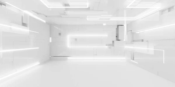 Helder wit studio futuristisch licht interieur met metalen reflecties 3d weergave illustratie — Stockfoto