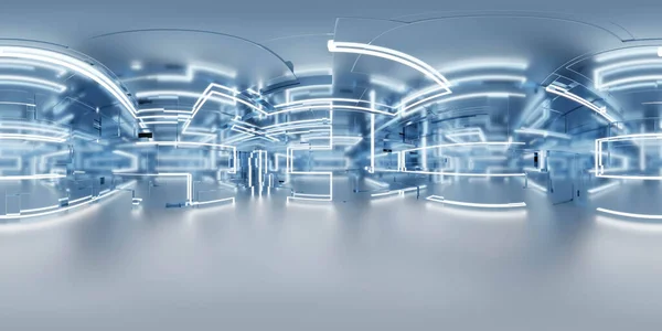 360 degree full panorama environment map of blue metallic studio futuristic light interior with metallic reflections 3d render illustration hdri hdr vr virtual reality — Zdjęcie stockowe