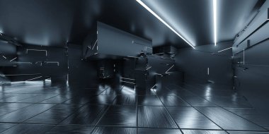 Koyu siyah fütüristik stüdyo laboratuarı. Boş salon 3D çizim.