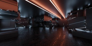 Koyu siyah fütüristik stüdyo laboratuarı boş salon. 3d resimleme