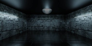 Koyu beton bodrum, yeraltı salonu 3D çizim.