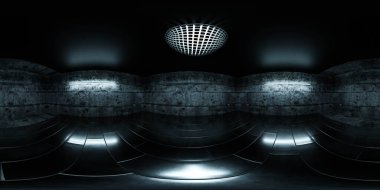 360 degree full panorama environment map of dark concrete cellar basement underground hall 3d render illustration hdri hdr vr virtual reality