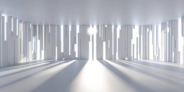 Beyaz fütürist minimalist stüdyo iç mimarisi. Parlak arka ışıklandırma 3D çizim.